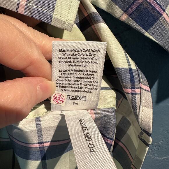 George NWT Large Short Sleeve Button Up Plaid Green Blue Casual Business Work - Picture 7 of 9